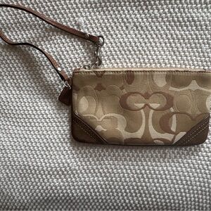 Coach Signature Canvas Wristlet Brown Tan Leather Trim